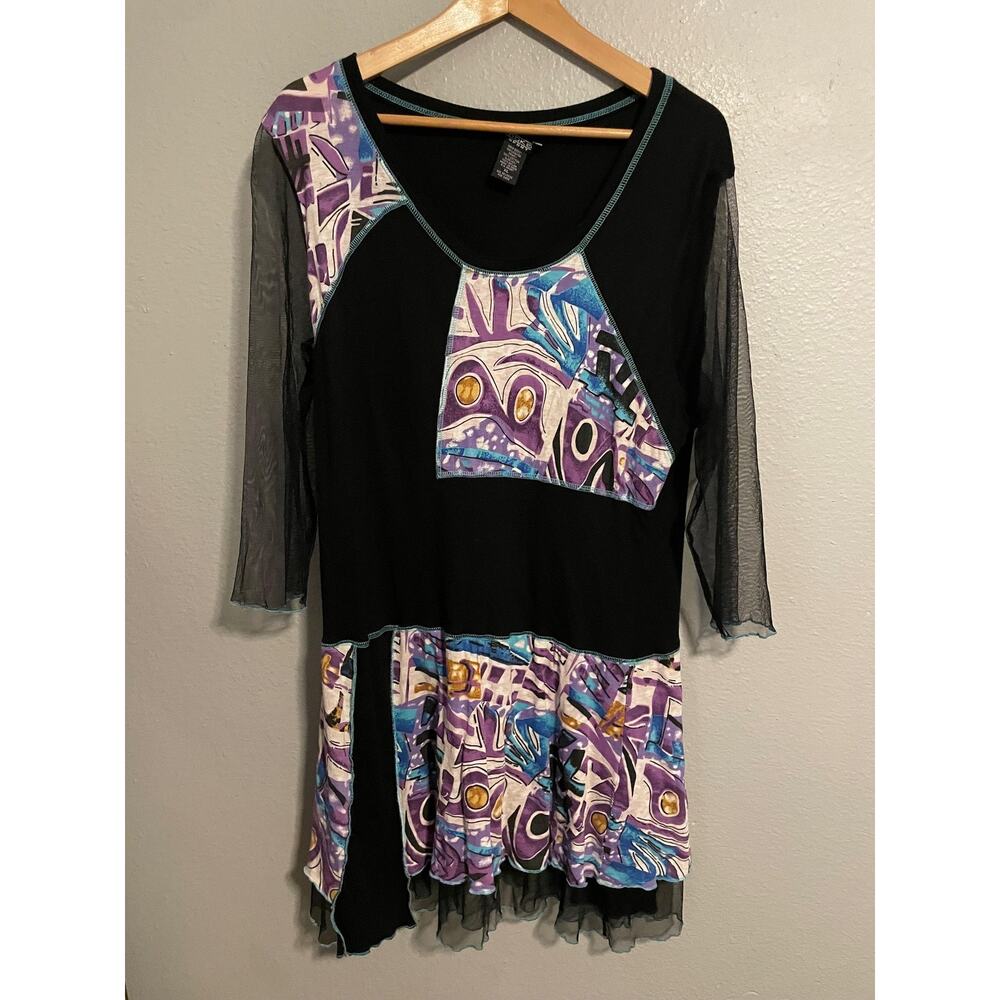 Moka Sport Tunic Dress Womens XL Black Abstract Mesh Sleeve Swing Boho Artsy